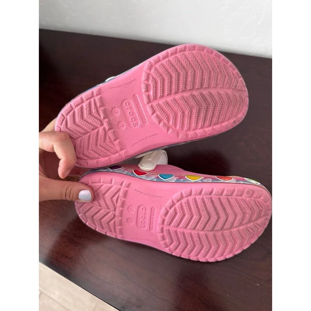 Crocs J1 Kids Pink Unicorn Rainbow Hearts Clogs Jibbitz Shoes Good Condition